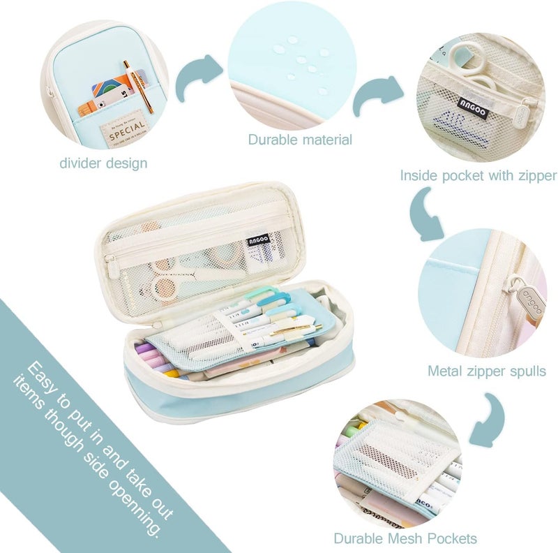 PRANIJ Cute Aesthetic Large Capacity Expandable Pencil Case Pouch with Zipper Portable Office Stationery Desk Organizer for School Collage Boys Girls Adults Women Men (Light Blue) - Image 5