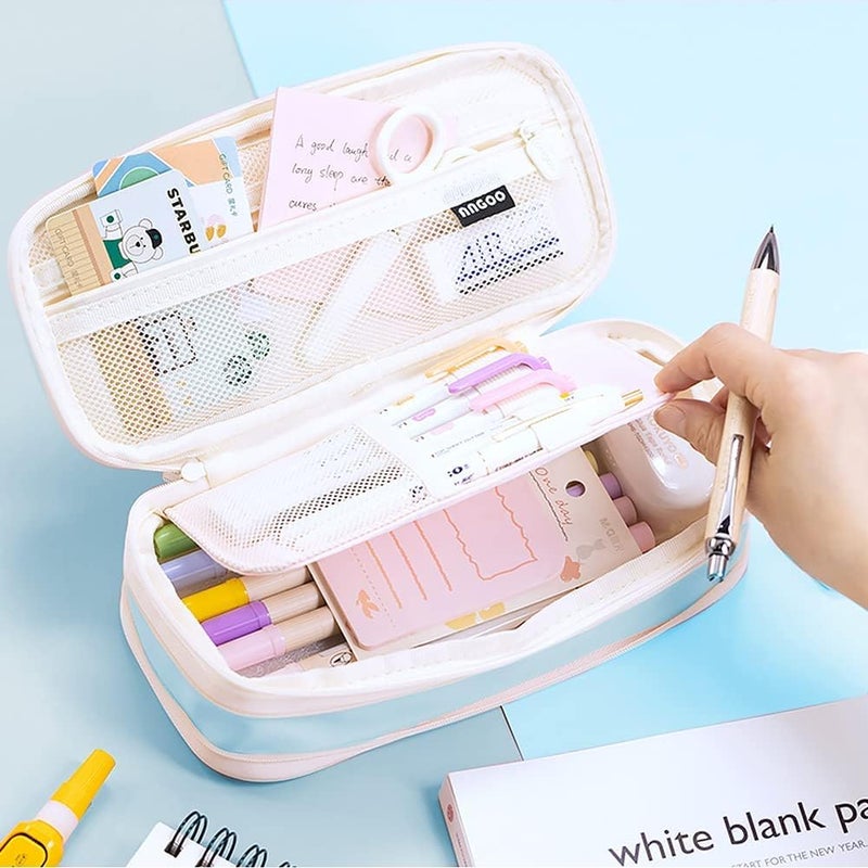 PRANIJ Cute Aesthetic Large Capacity Expandable Pencil Case Pouch with Zipper Portable Office Stationery Desk Organizer for School Collage Boys Girls Adults Women Men (Light Blue) - Image 2