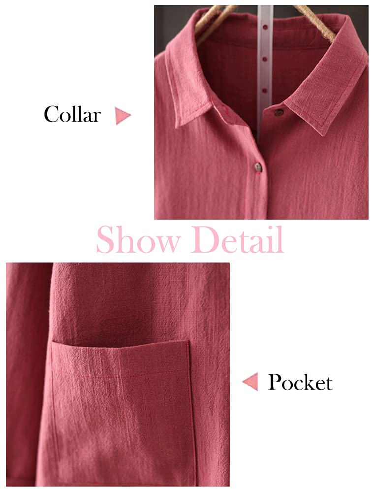 Minibee Women's Linen Shirts Button Down Long Tunic Tops Plus Size Blouse with Pockets Red XL - Image 3
