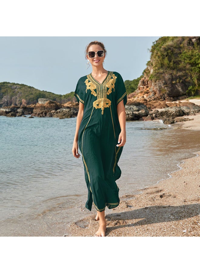 Generic And Beach Blouse Cotton Embroidered Beach Skirt Seaside Holiday Bikini Swimsuit Women's Sunscreen Shirt-Color:D.Green- - Image 1