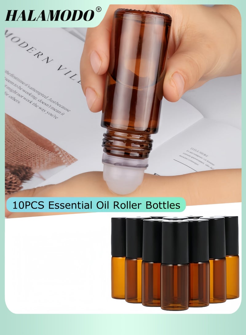 HALAMODO 10PCS Essential Oil Roller Bottles with Roller Ball, 5ml Refillable Leak-proof Empty Thick Amber Glass Roll on Bottles with Caps for Travel, Perfume - Image 1