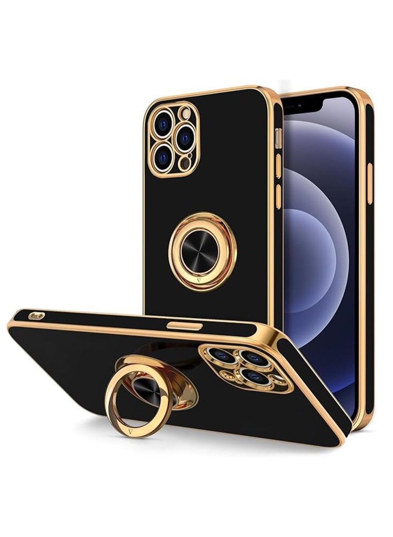 WRISTWISE Case Cover for iPhone 12 Pro with Ring Stand [360° Rotatable Ring Holder Magnetic Kickstand] Luxury Plating Rose Gold Soft TPU Bumper Shockproof Protective Phone Cases Cover Women Girls, Black - Image 1