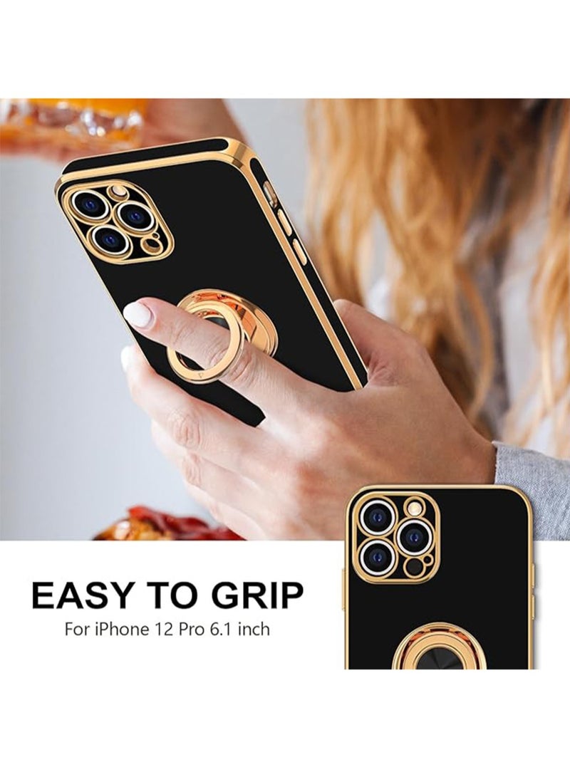 WRISTWISE Case Cover for iPhone 12 Pro with Ring Stand [360° Rotatable Ring Holder Magnetic Kickstand] Luxury Plating Rose Gold Soft TPU Bumper Shockproof Protective Phone Cases Cover Women Girls, Black - Image 2