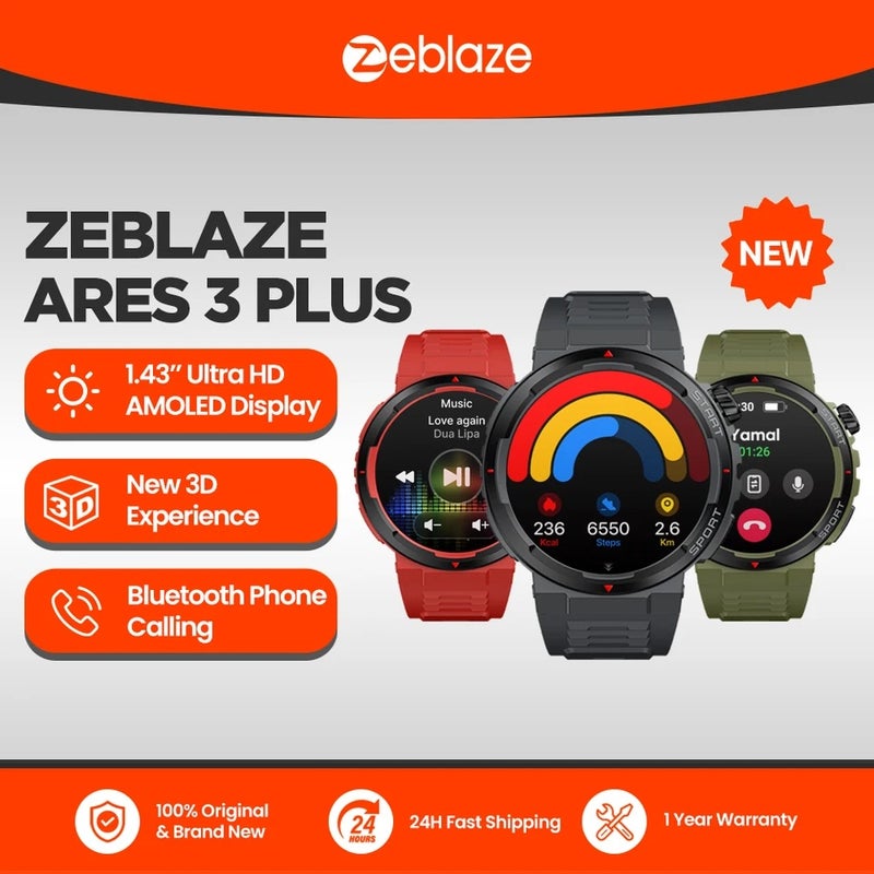 Zeblaze Ares 3 Plus 1.43'' HD Amoled Display Voice Calling Smartwatch 3D Interactive Health&Fitness Tracking Smart Watch, Lava Black - Image 2