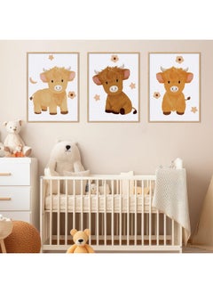 Geyoga Geyoga 3 Pcs Baby Highland Cattle Canvas Wall Decor Art Watercolor Highland Baby Cow Nursery Decor Picture Animal Farm Cow Painting Prints Furry Cow New Mom Gifts for Boys and Girls Room, 12 x 16 Inch  - Image 4