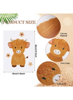 Geyoga Geyoga 3 Pcs Baby Highland Cattle Canvas Wall Decor Art Watercolor Highland Baby Cow Nursery Decor Picture Animal Farm Cow Painting Prints Furry Cow New Mom Gifts for Boys and Girls Room, 12 x 16 Inch  - Image 2