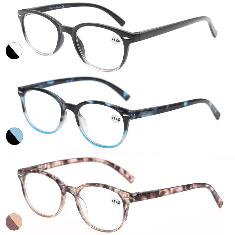 MODFANS Reading Glasses 225 Women 3 Pack Spring Hinge Fashion Round Stylish for Reading with Pouch