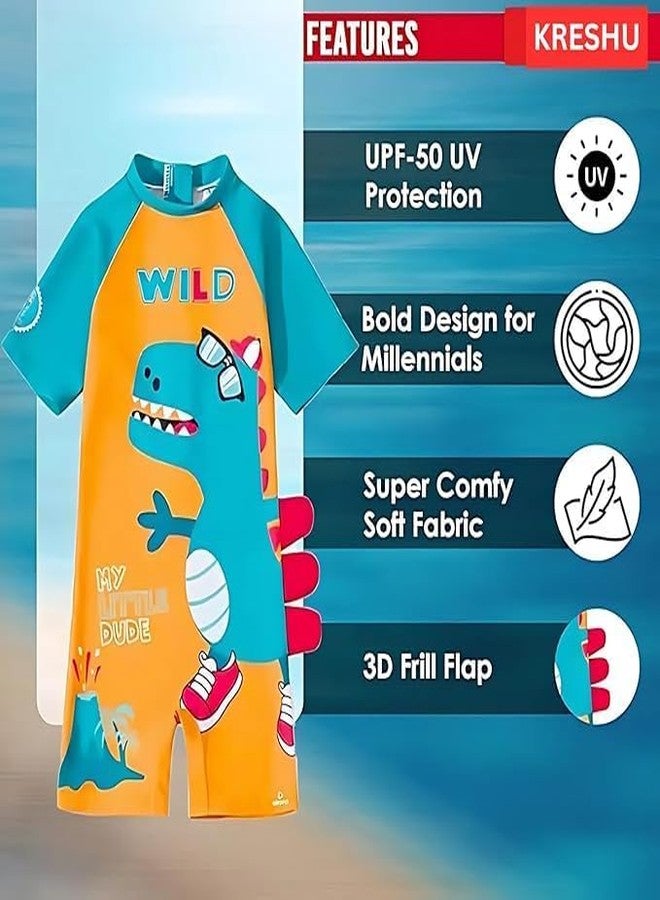 KRESHU One-Piece Baby Kids Swimwear Suit Set Zipper Bathing Half Sleeves Swimming Costume Wild Dinosaur Beach Wear Outdoor Water Sports Skating for Toddler Baby Girls Boys (Blue, 2-Years) - Image 5