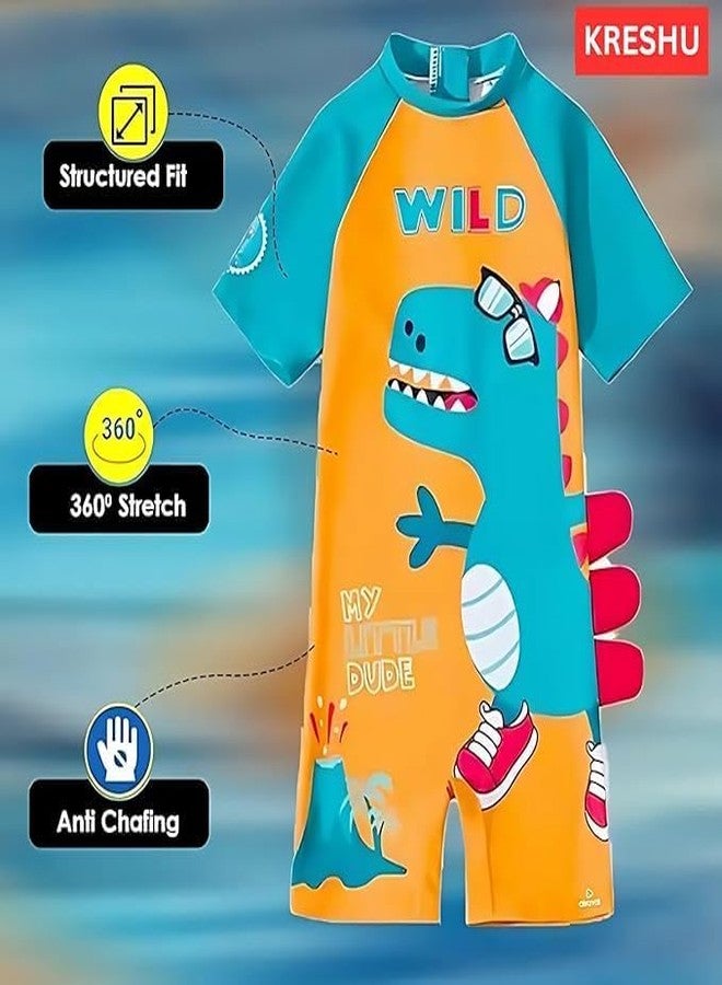 KRESHU One-Piece Baby Kids Swimwear Suit Set Zipper Bathing Half Sleeves Swimming Costume Wild Dinosaur Beach Wear Outdoor Water Sports Skating for Toddler Baby Girls Boys (Blue, 2-Years) - Image 3