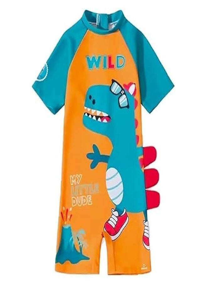 KRESHU One-Piece Baby Kids Swimwear Suit Set Zipper Bathing Half Sleeves Swimming Costume Wild Dinosaur Beach Wear Outdoor Water Sports Skating for Toddler Baby Girls Boys (Blue, 2-Years) - Image 1