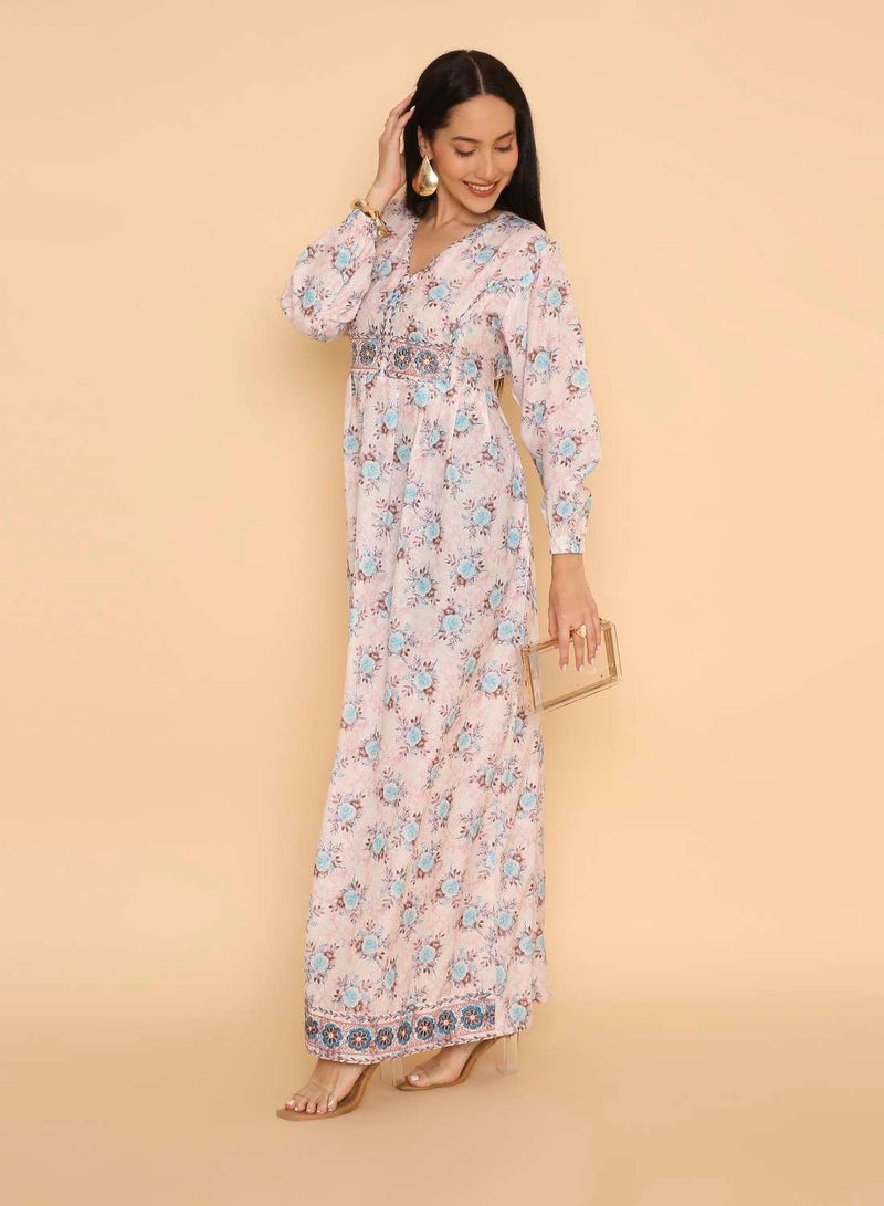 HANA & SARA Womens arabic traditional flowery printed long pure viscose jalabiya dress with stone beaded design - Image 5