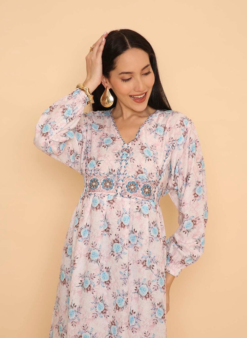 HANA & SARA Womens arabic traditional flowery printed long pure viscose jalabiya dress with stone beaded design - Image 3