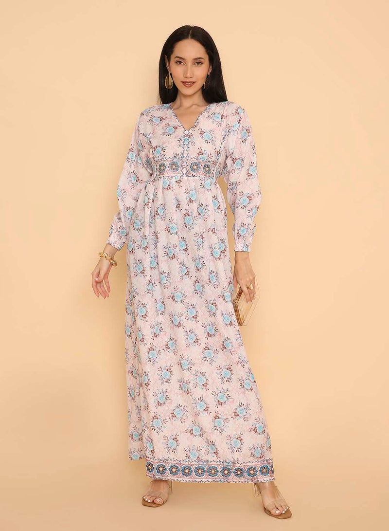 HANA & SARA Womens arabic traditional flowery printed long pure viscose jalabiya dress with stone beaded design - Image 1