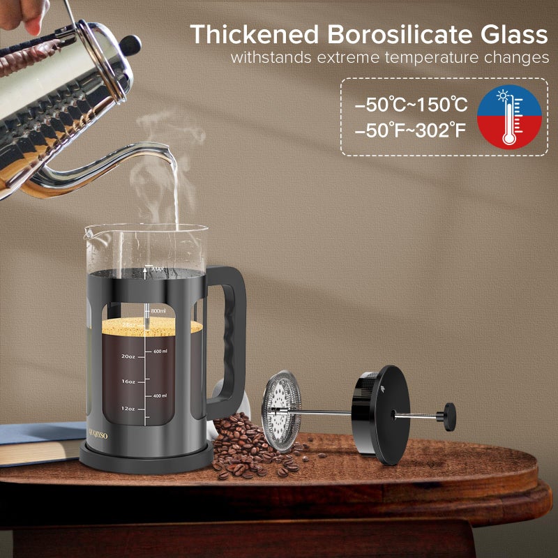 QUQIYSO French Press Coffee Maker 34oz 304 Stainless Steel French Press with 4 Filter, Heat Resistant Durable, Easy to Clean, Borosilicate Glass Coffee Press, 100% BPA Free Glass Teapot, Dark Pewter - Image 3