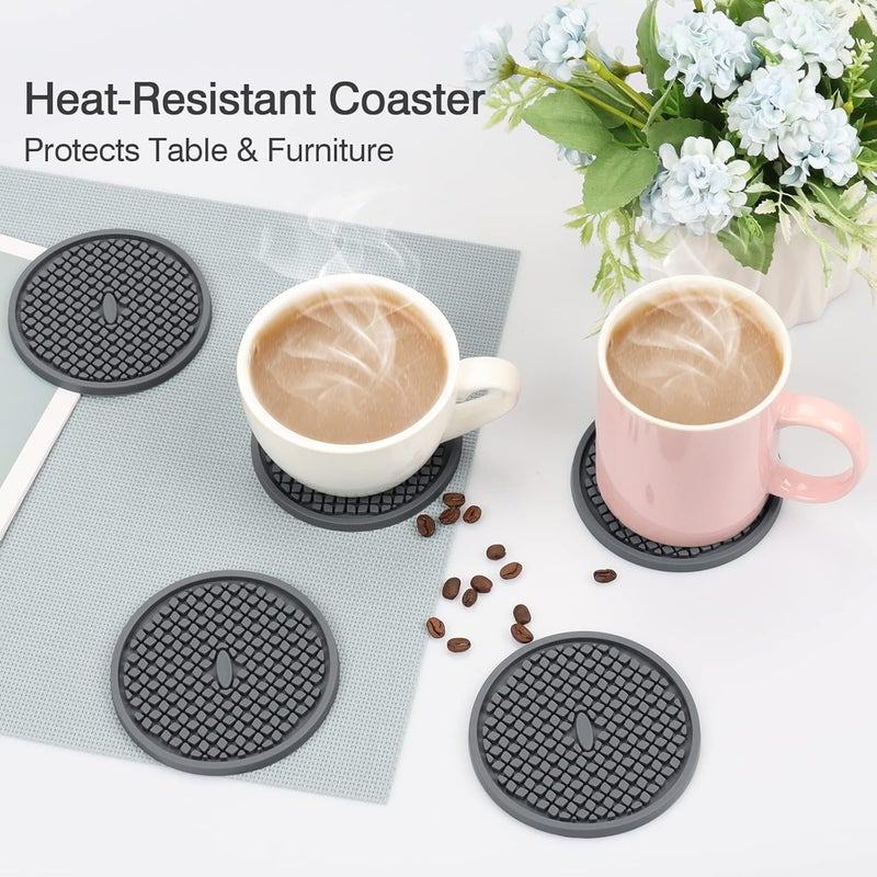 CAETOUNG 3 Pack Silicone Coasters for Drinks, Thickened Coaster with Deep Tray Grooved Design Cup Mat, Washable Heat Resistant Durable Non-Slip Coasters for Coffee Table Wooden Desk Kitchen Bar (Dark Grey) - Image 5