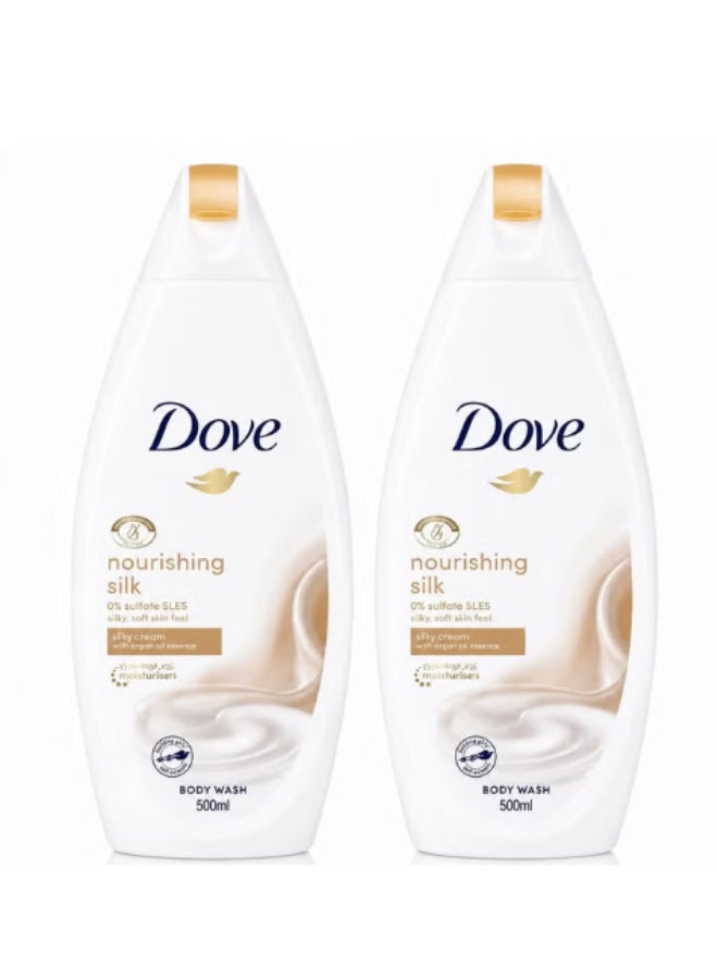 Dove Nourishing Silk Body Wash 500ml (Pack of 2) – Moisturizing & Gentle Shower Gel for Soft, Smooth & Nourished-Looking Skin | Daily Body Cleanser for Men & Women