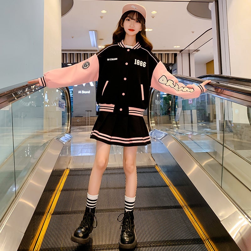 Girls Baseball Suit suit Autumn New Style Middle and Large Childrens Internet Popular Korean Style Childrens Jacket Spring and Autumn Pleated Skirt Two-piece Set Pink 