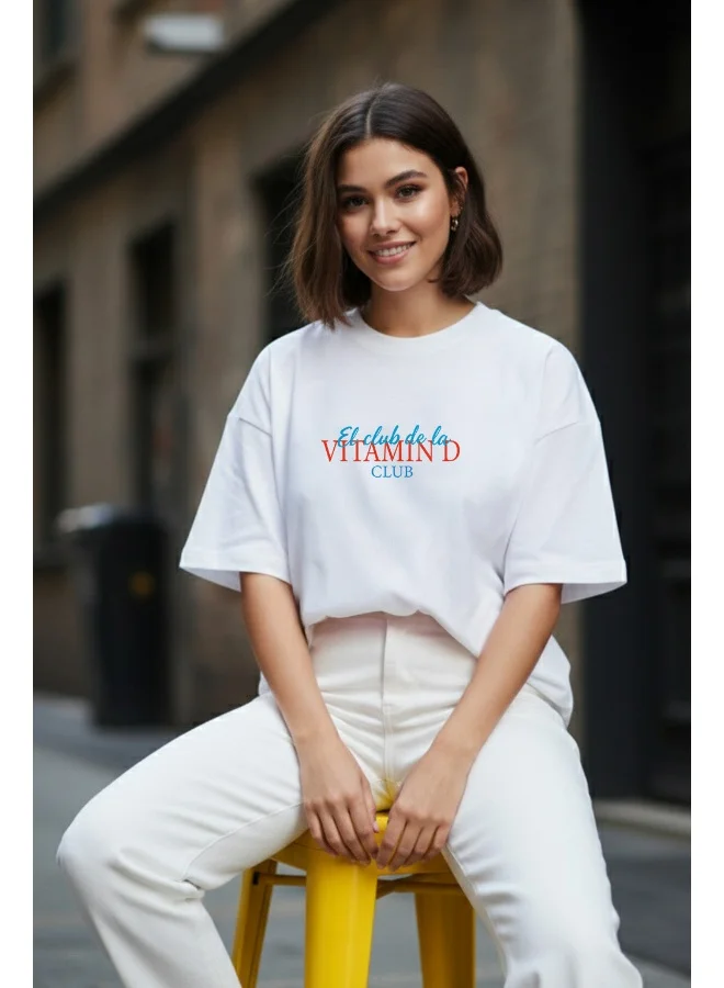 Juneberry JUNEBERRY® Pure Cotton Oversized Drop Shoulder T-Shirt for Women | Front & Back Print, Half Sleeve, Baggy Fit, Round Neck |OS_JB_VITD_WT_M
