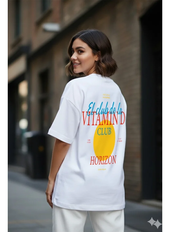 Juneberry JUNEBERRY® Pure Cotton Oversized Drop Shoulder T-Shirt for Women | Front & Back Print, Half Sleeve, Baggy Fit, Round Neck |OS_JB_VITD_WT_M