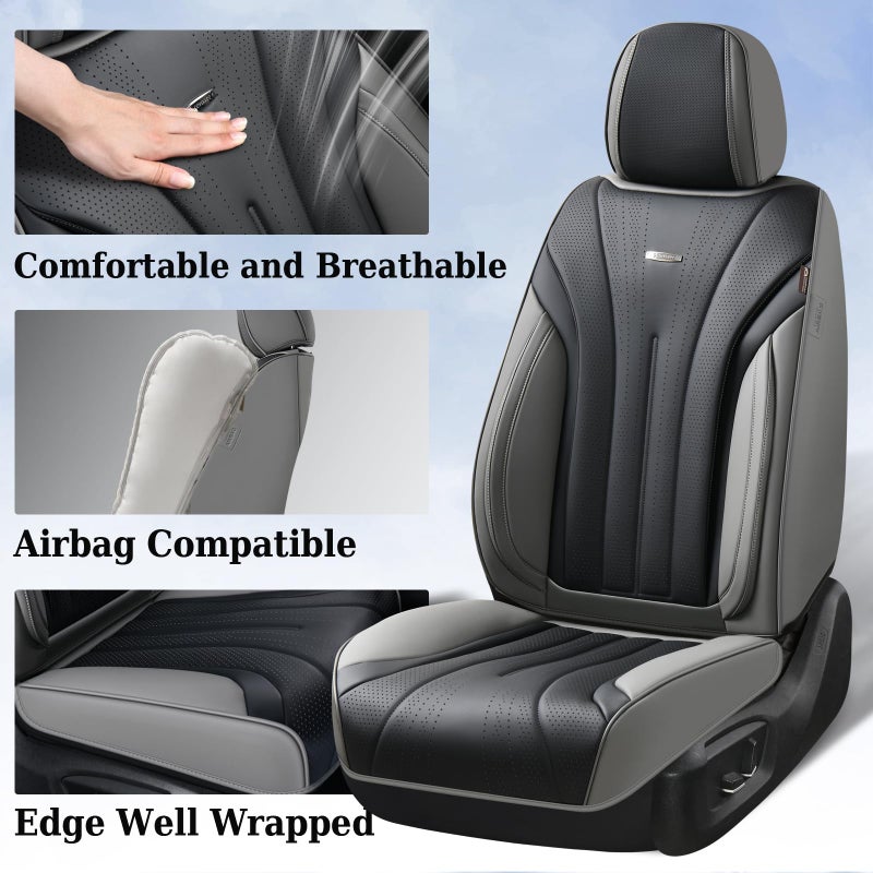 Coverado Front and Rear Seat Covers, Automotive Seat Cover Full Set, Waterproof Leather Seat Cover, Luxury Seat Cover for Cars, Universal Seat Cushion Car Seat Protector Fit for Most Cars(Gray&Black) - Image 2