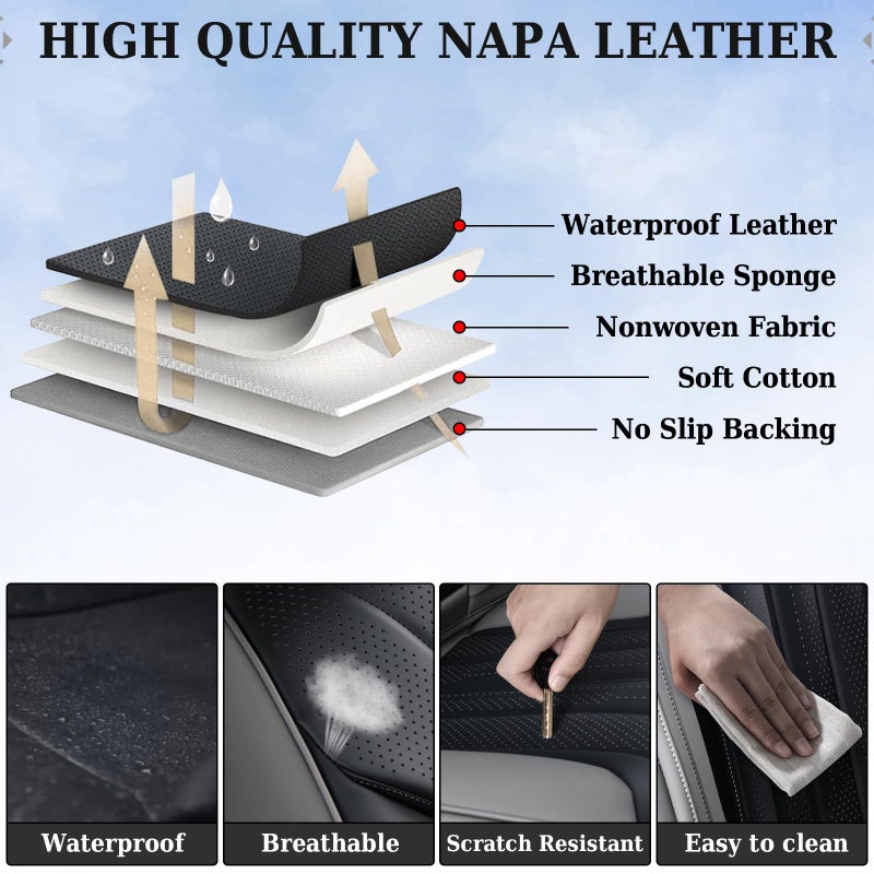 Coverado Front and Rear Seat Covers, Automotive Seat Cover Full Set, Waterproof Leather Seat Cover, Luxury Seat Cover for Cars, Universal Seat Cushion Car Seat Protector Fit for Most Cars(Gray&Black) - Image 5