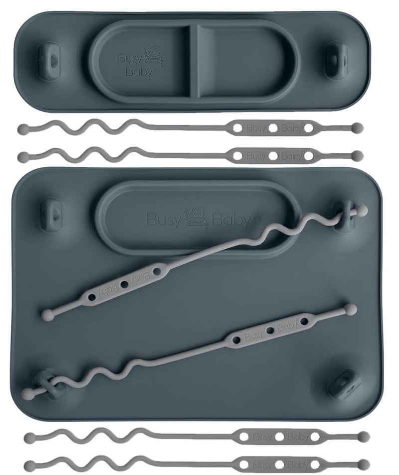 Busy Baby BUSY BABY Silicone Mat Bundle 1 Original Mat Plus 1 Mini Mat New Stronger Suction Cups 6 Straps to Secure Baby Essentials and Keep Them Off The Floor Baby Led Weaning Wet Bag Included Pewter