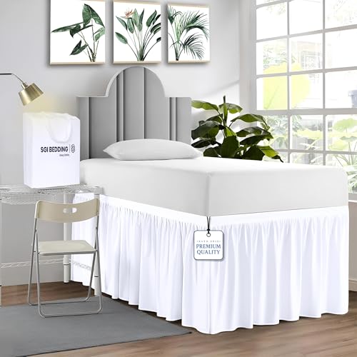 SGI bedding Dorm Bed Skirt Twin XL 32 Inch Drop Length - White, Ruffled Pattern College Dorm Room Bed Skirts - Split Corner, Easy Care, Wrinkle Free 1800 Series Microfiber Bed Skirt - Image 1
