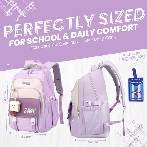OCEANEVO College Bag for Girls WITH Luggage Tag and Bag Charm, School Bag for Girls 12-14 Years, Laptop Bag for Women for Office - 47 x 34 x 24 Cm - Model 2 - Purple - Image 2
