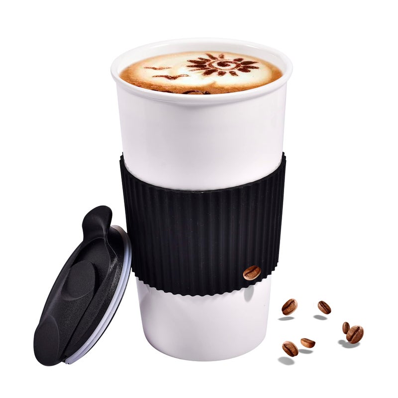 fMSDD Ceramic Travel Coffee Mug with Non-Slip Silicone Sleeve, and Slider Lid, Daily Reusable Cup, 12 oz, Black - Image 1