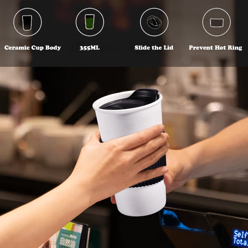 fMSDD Ceramic Travel Coffee Mug with Non-Slip Silicone Sleeve, and Slider Lid, Daily Reusable Cup, 12 oz, Black - Image 4
