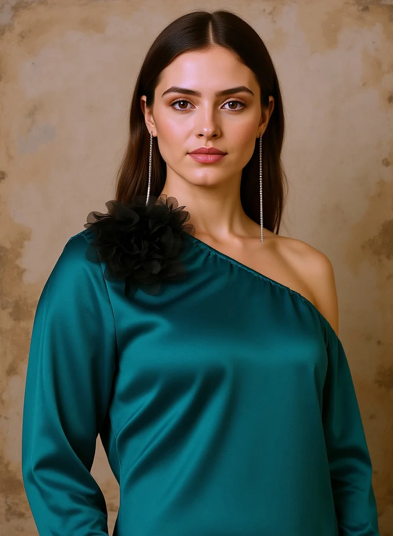 QISSA Women's Pine Green Asymmetrical Flora Co-Ord Set For Ethnic Wear | One-Shoulder Neck, Long Regular Sleeves | Solid Plain Fabric | 2 Piece Co-Ords Designed For Evening & Party Wear