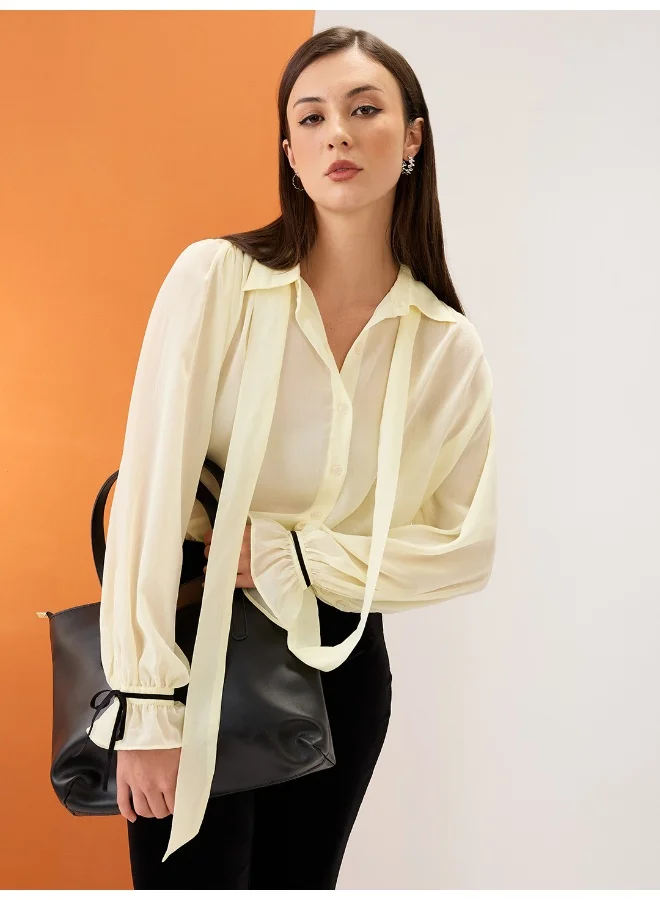 globus Globus Women Yellow Collared Neck Tie Detail Bishop Sleeves Chiffon Party Shirt