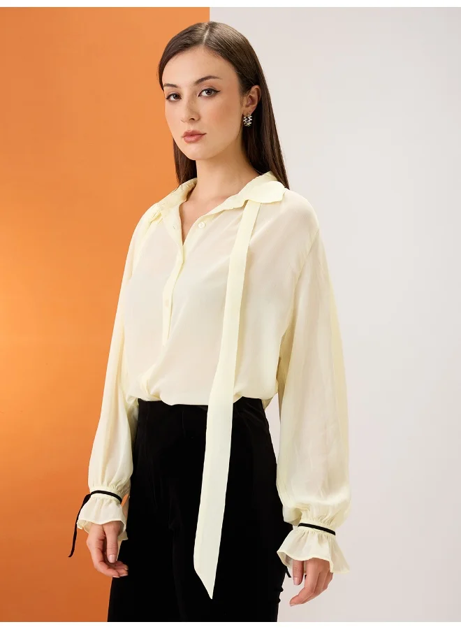 globus Globus Women Yellow Collared Neck Tie Detail Bishop Sleeves Chiffon Party Shirt