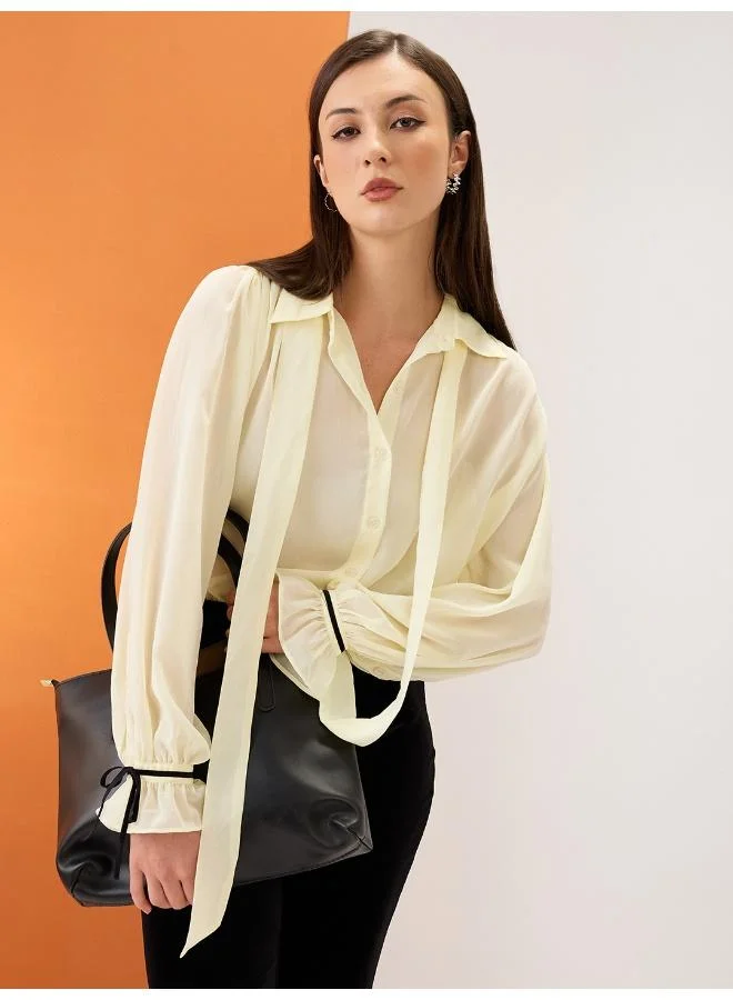 globus Globus Women Yellow Collared Neck Tie Detail Bishop Sleeves Chiffon Party Shirt