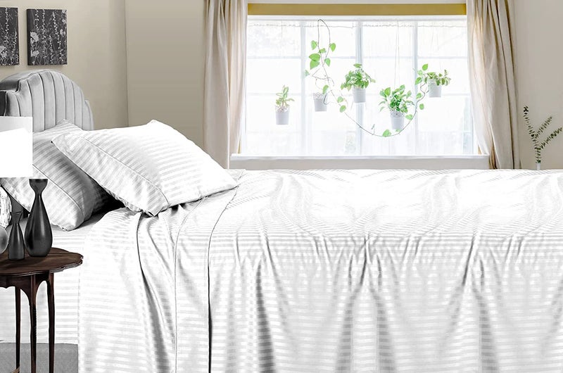 BALAJI EXPORT 3 Pieces Bedding Set 1 Flat Bed Sheet and 2 Pillow Covers 1000 Thread Count 100 Egyptian Cotton White Stripe King Size - Image 2