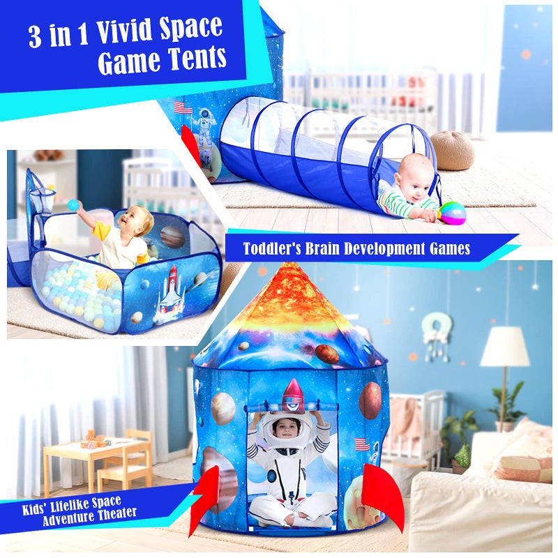 PigPigPen خيمة لعب للأطفال PigPigPen 3 قطع للأولاد مع نفق زحف وحفرة كرات وخيمة صاروخ للأطفال الصغار - Image 3