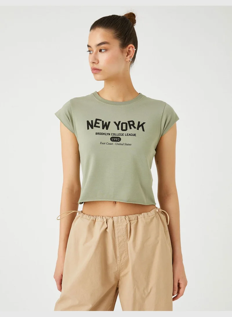 KOTON Cotton Crew Neck New York Printed Crop T-Shirt