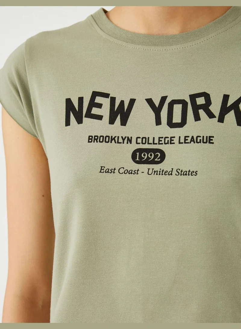 KOTON Cotton Crew Neck New York Printed Crop T-Shirt