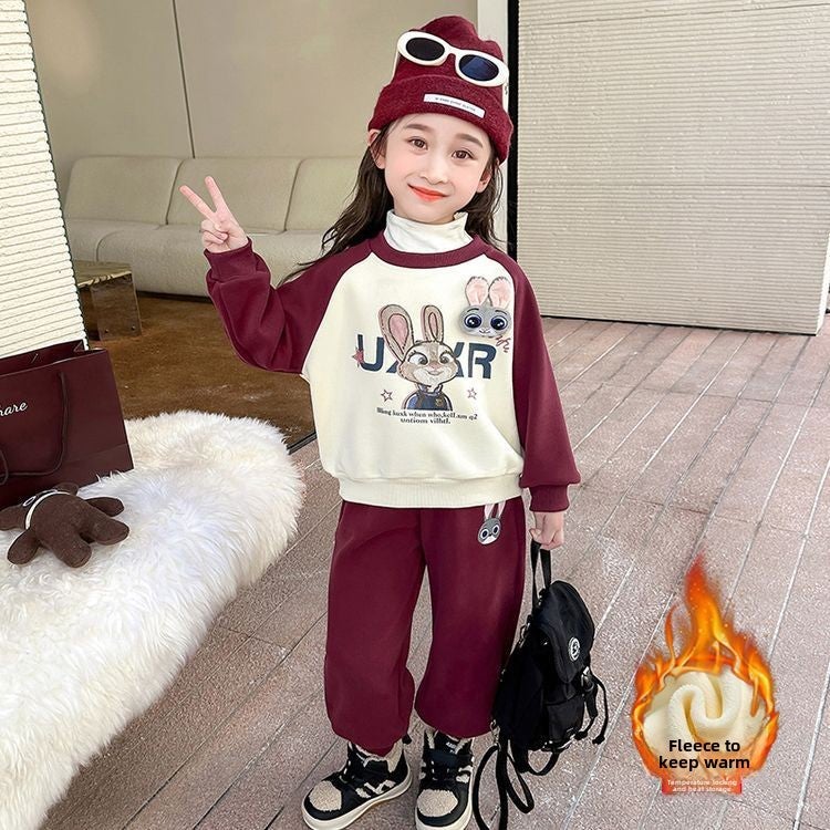 fleece-lined Girls suit Winter 2024 New Childrens Western Style Three-Dimensional Decorative Cartoon Rabbit Childrens Two-Piece Set Burgundy [velvet] 097# 