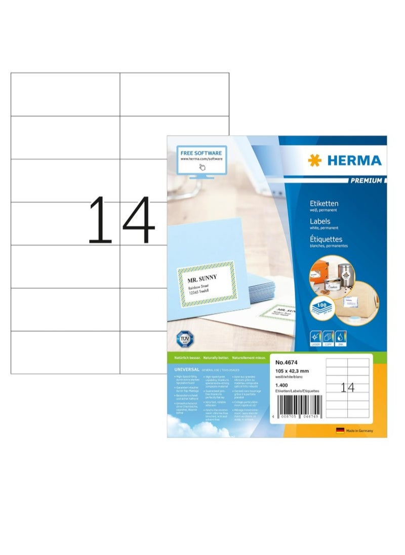 Herma Herma Multi-Purpose Self-Adhesive Labels, 14 Labels Per A4 Sheet, 1400 Labels for Laser and Inkjet Printers, (4674), White, 105 x 42.3mm  - Image 1
