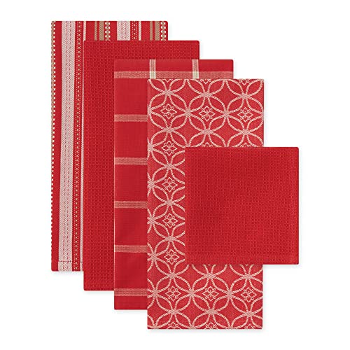 DII Assorted Woven Kitchen Set, Dishtowel, 18x28, Dishcloth, 13x13, Red, 5 Piece - Image 2
