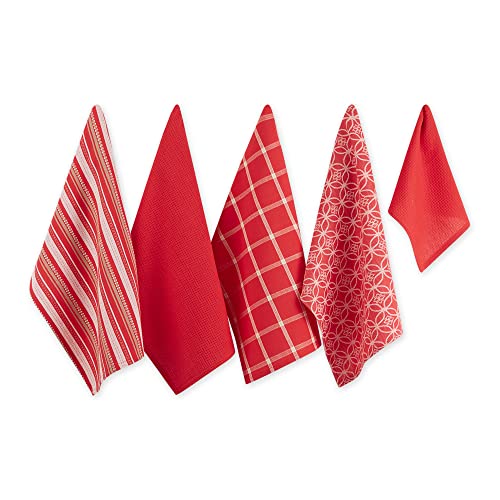 DII Assorted Woven Kitchen Set, Dishtowel, 18x28, Dishcloth, 13x13, Red, 5 Piece - Image 1