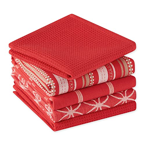 DII Assorted Woven Kitchen Set, Dishtowel, 18x28, Dishcloth, 13x13, Red, 5 Piece - Image 3