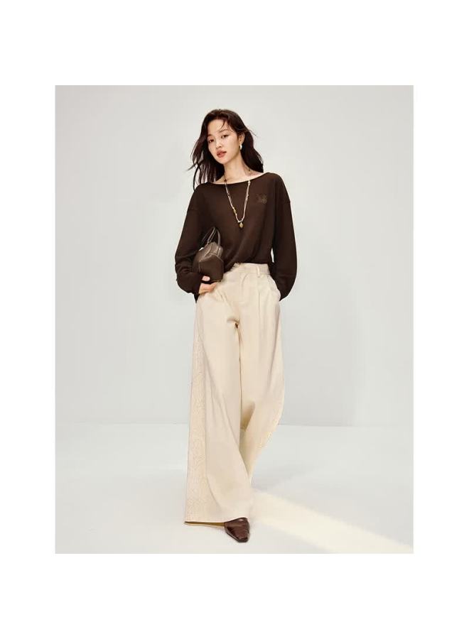 Inman French Style Heavy Embroidery Wide-leg Pants Spring New Slim Fit Pure Cotton Trousers Beige 29 - Image 2