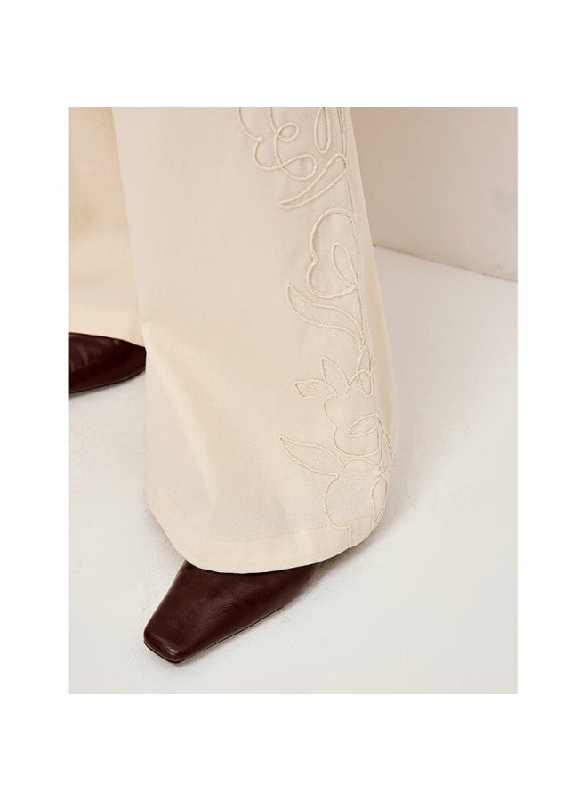 Inman French Style Heavy Embroidery Wide-leg Pants Spring New Slim Fit Pure Cotton Trousers Beige 29 - Image 1