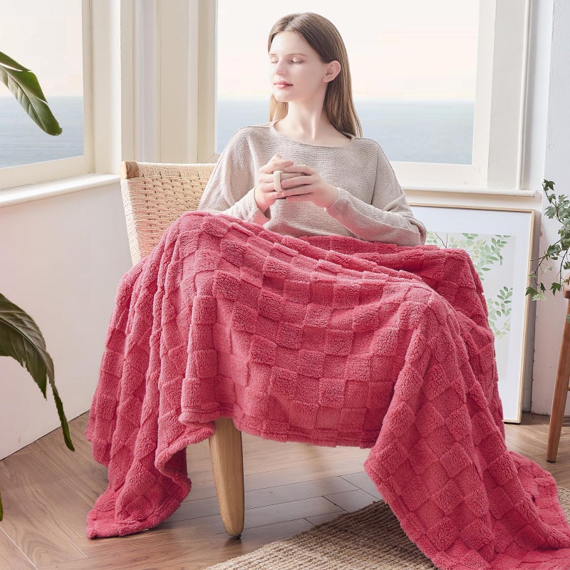 NEWCOSPLAY Super Soft King Blanket Coral Pink Premium Silky Flannel Fleece 3D Checkered Lightweight Bed Blanket All Season Use (Coral Pink Checkered  King(90""x110"")) - Image 4