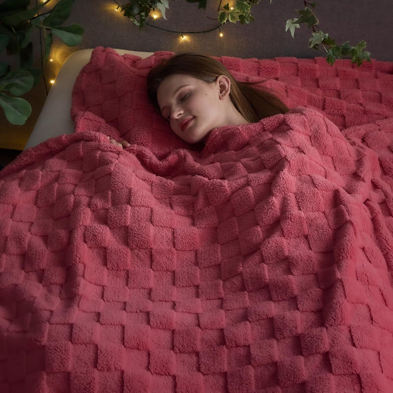 NEWCOSPLAY Super Soft King Blanket Coral Pink Premium Silky Flannel Fleece 3D Checkered Lightweight Bed Blanket All Season Use (Coral Pink Checkered  King(90""x110"")) - Image 2