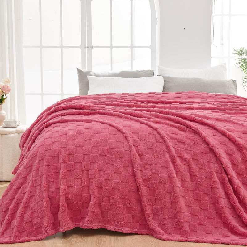 NEWCOSPLAY Super Soft King Blanket Coral Pink Premium Silky Flannel Fleece 3D Checkered Lightweight Bed Blanket All Season Use (Coral Pink Checkered  King(90""x110"")) - Image 1