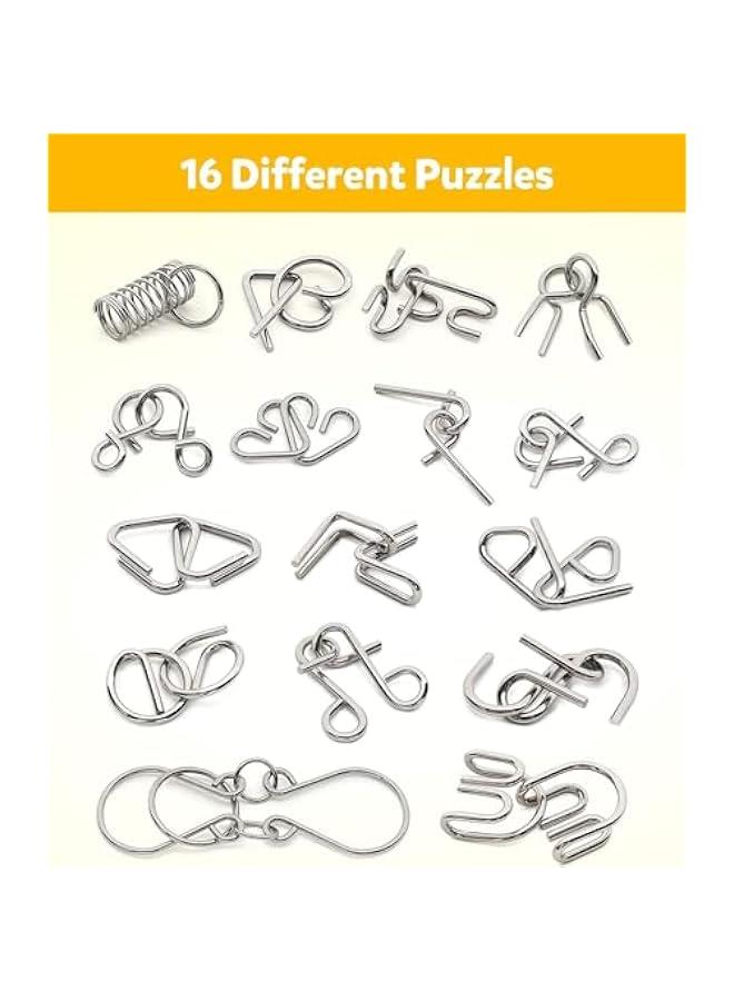HOOKOR Metal Wire Puzzle Set of 16 with Pouch,Brain Teaser IQ Test Disentanglemen Iron Link Unlock Interlock Game Chinese Ring Magic Trick Toy for Party Favor Kids Adults Challenge  - Image 2