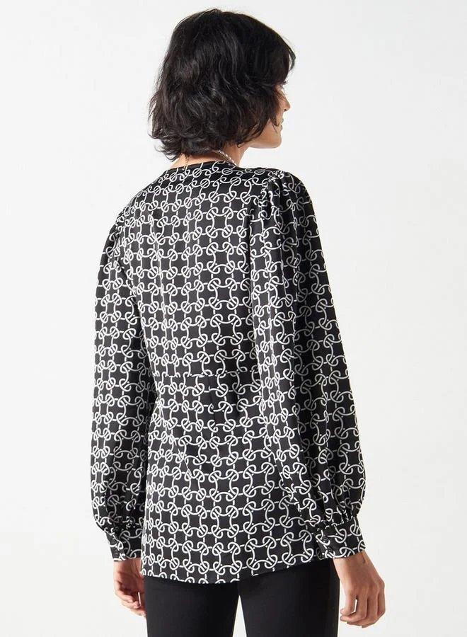 Iconic Iconic All-Over Print Wrap Top with Long Sleeves and Tie-Ups